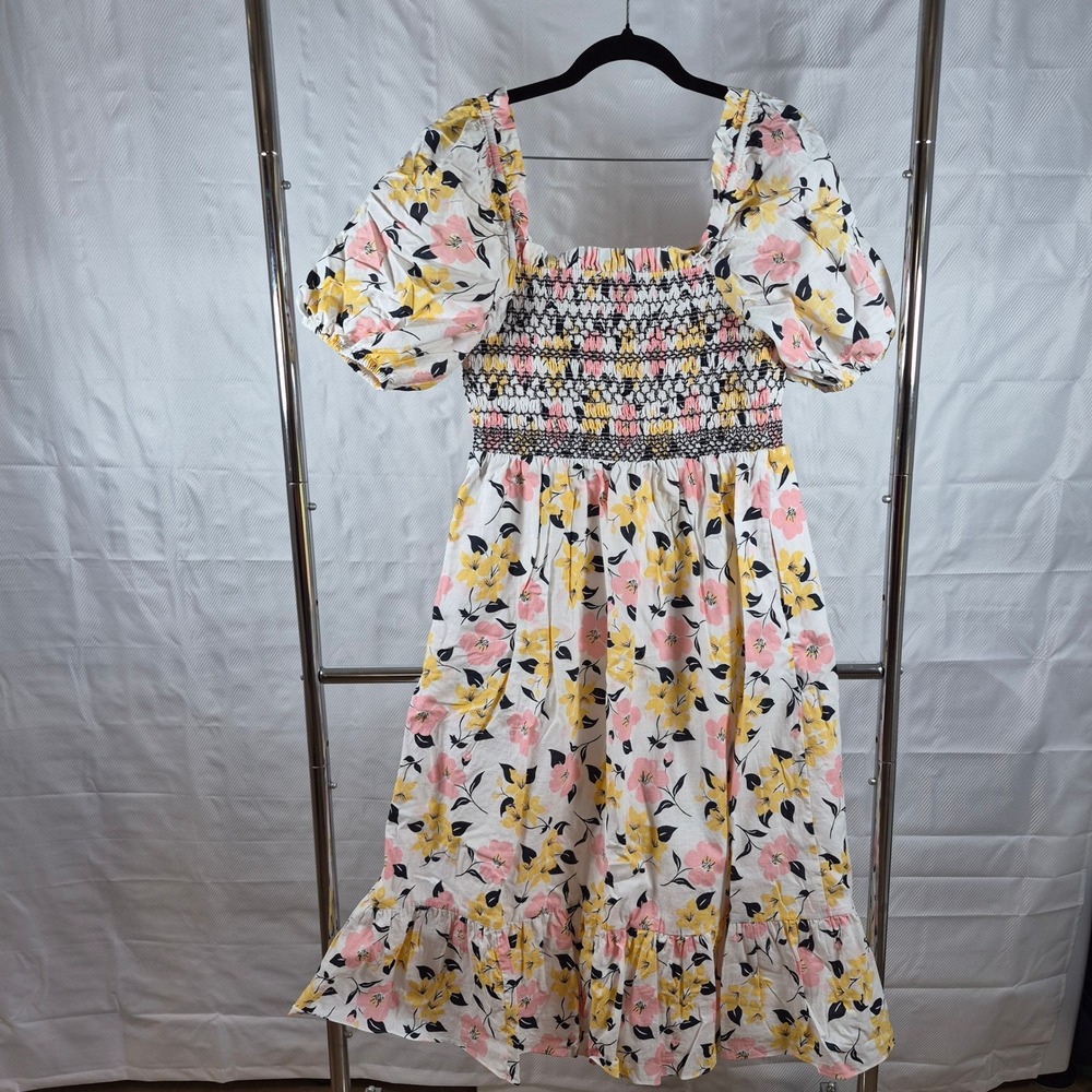 Kate Spade Lily Blooms Midi Dress Floral Smocked Puff Sleeve M White Pink Women